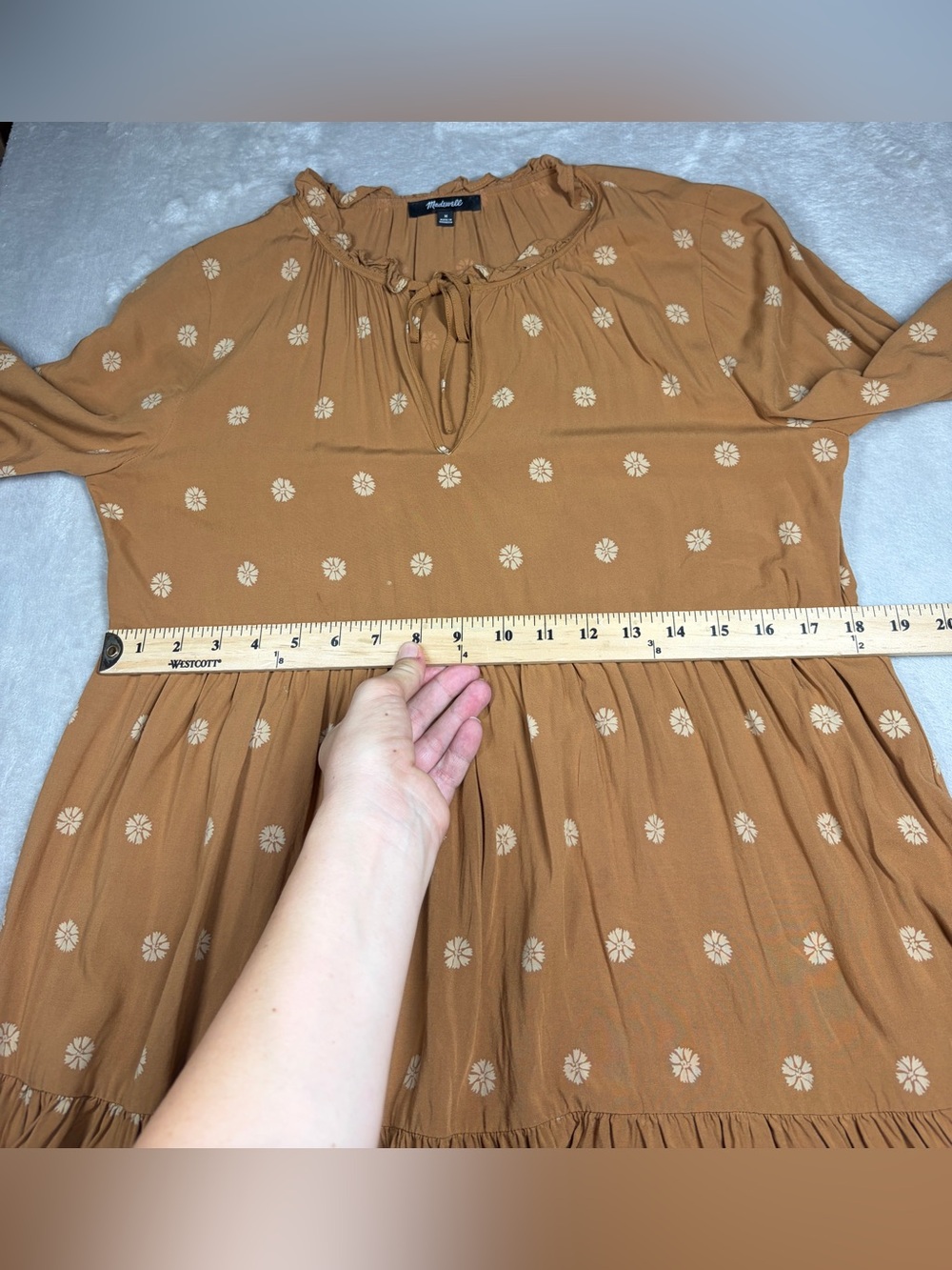 Madewell Bloom Dot Warm Hickory Cream Tan Tiered Ruffle Tie Neck Mini Dress M - Picture 12 of 17
